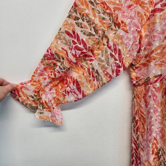 Cato Tropical Peplum Blouse Size 14/16 Pink Swiss Dot Flocked Ruffle Vacation - Picture 6 of 13